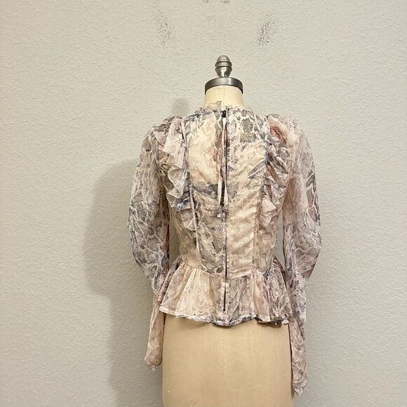 KARLIE Sheer Snakeskin Print Ruffled Blouse Batwing/Flutter Sleeve in Cream - Picture 7 of 12